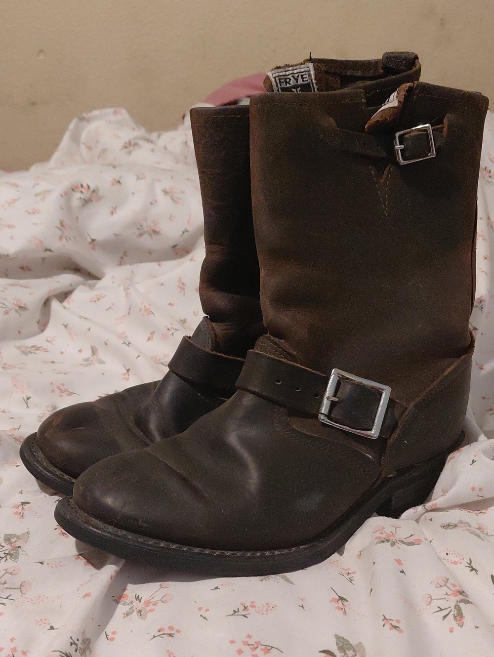 Frye Brown Leather Engineer Boots with Buckle